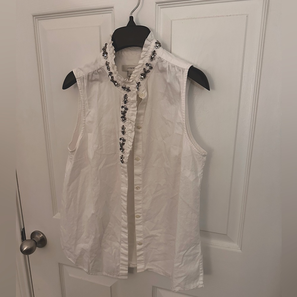 White J crew size 6 blouse with bling sewn on around the entire collar.